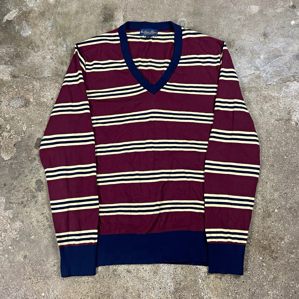 Brooks Brothers V-Neck Sweater Size Large Red Yellow Striped Merino Wool